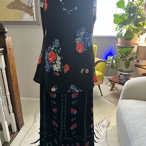 Tory Burch Black Sleeveless Floral Maxi Skirt with Red & Blue Blooms